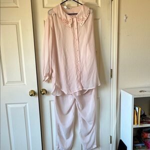 Pink Pajama Sheer Button-Up Blouse with Lace Collar and Bottom